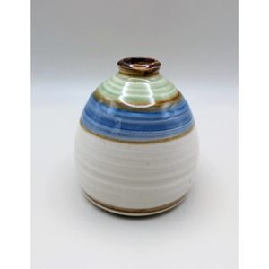White, blue, green and brown striped studio pottery bud vase 1970s artist signed